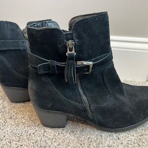 Earth Origins Black Suede Ankle Booties with Buckle & Tassel Detail